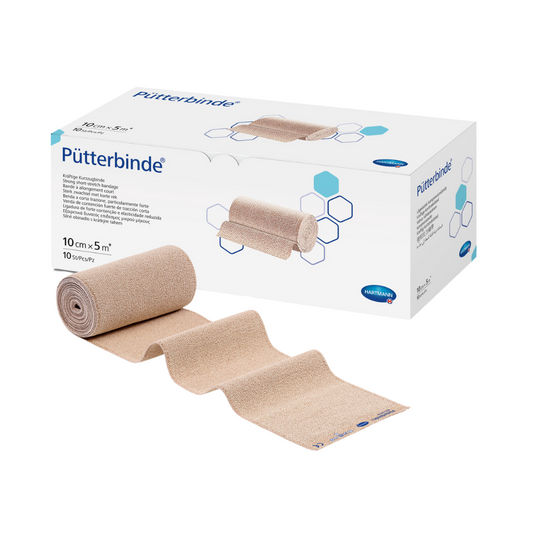 A box of compression bandages from the Hartmann Pütter-Verband® brand on a white background, next to the box is a partially unrolled bandage.