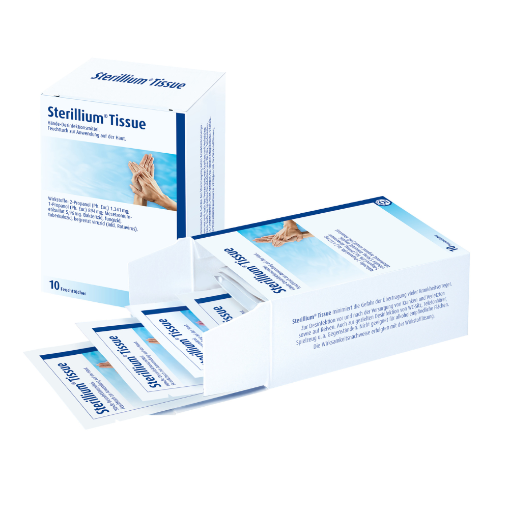 An open box labeled "Discontinued Item: Hartmann Bode Sterillium Tissue Disinfection Wipes - 10 Pieces | Pack" by Paul Hartmann AG reveals individually packaged wipes with text and hand illustration for hygienic hand disinfection.