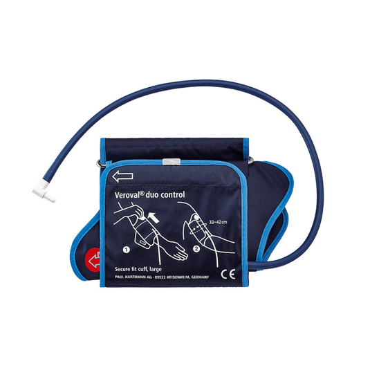 Blue blood pressure cuff from Paul Hartmann AG Hartmann Veroval® DUO CONTROL cuffs, Large | Package (1 piece), with illustrated instructions and a cuff design that ensures a secure fit, intended for an upper arm circumference of 32–42 cm.