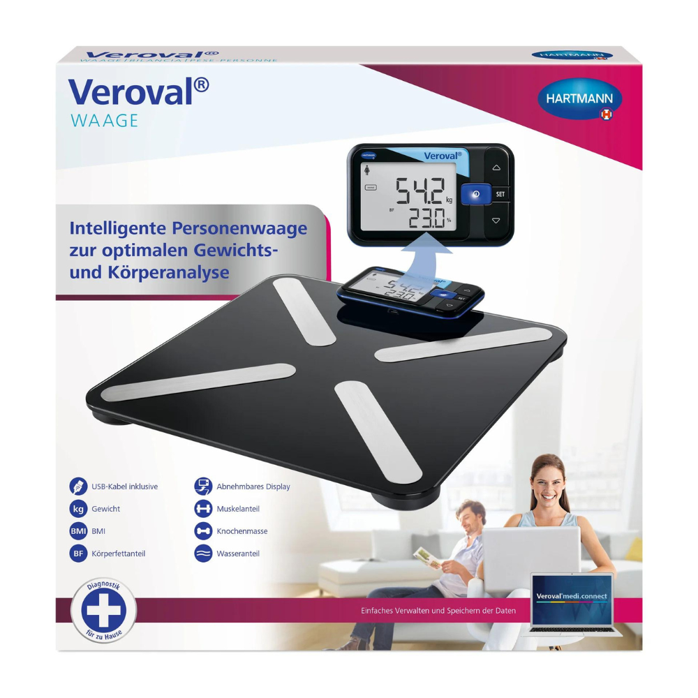 The illustration shows the packaging of the discontinued item: Hartmann Veroval® scale with comprehensive body analysis (1 piece) from Paul Hartmann AG, featuring the scale, the detachable display, and the symbols for USB connection and body weight measurement.