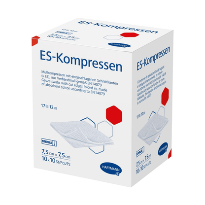 A product image of a box with sterile Hartmann ES compresses, 17-ply, 12-fold by Paul Hartmann AG. The box contains German text and indicates that the compresses in size 7.5 absorb well.