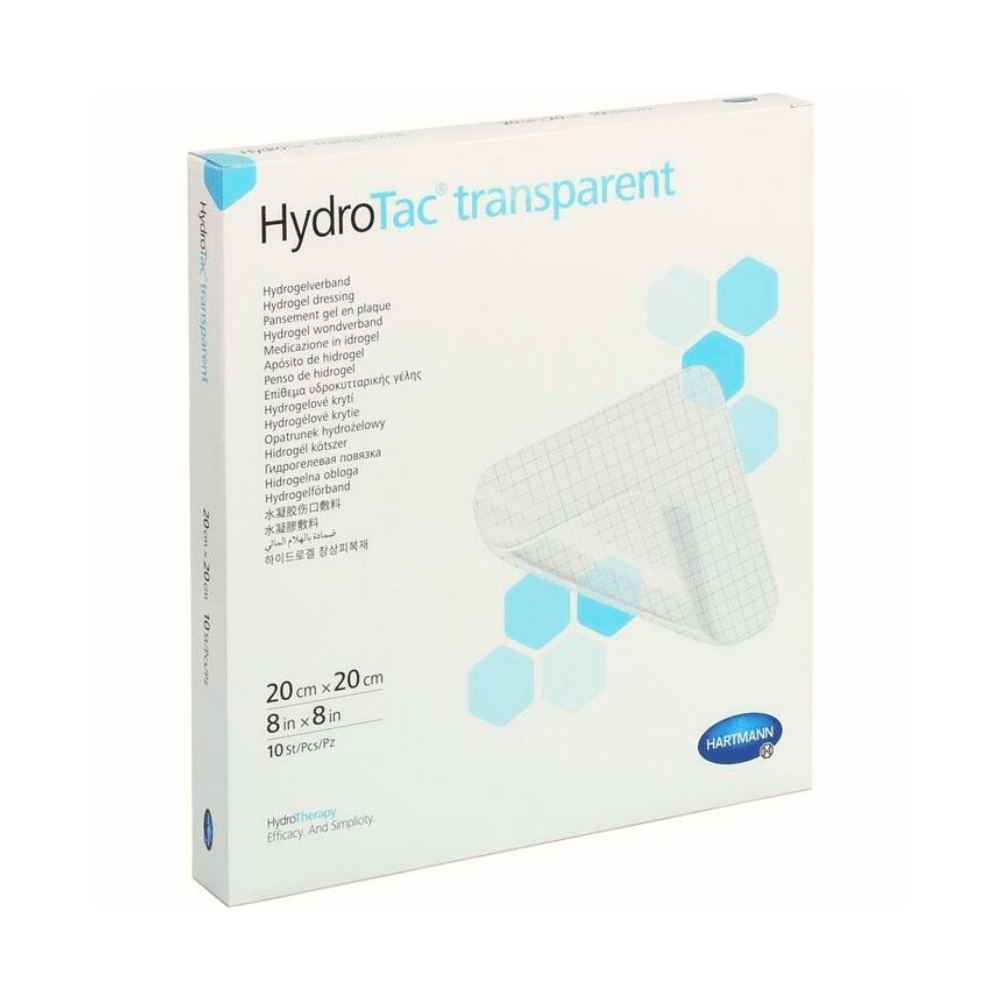 A box of Hartmann HydroTac® transparent hydrocellular gel dressing from Paul Hartmann AG, showing a clear image of the product with product details in multiple languages on the front. The box is white.