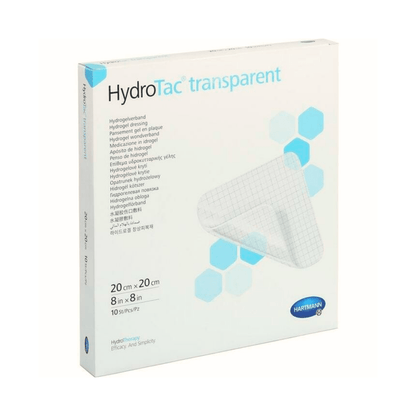 A box of Hartmann HydroTac® transparent hydrocellular gel dressing from Paul Hartmann AG, showing a clear image of the product with product details in multiple languages on the front. The box is white.