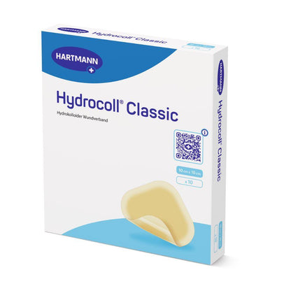A can of Hartmann Hydrocoll Classic sterile dressing, individually sealed by Paul Hartmann AG – ideal for moist wound treatment, supporting granulation and epithelialization. Contains 10 sterile 10 x 10 cm dressings in predominantly white packaging with blue accents.
