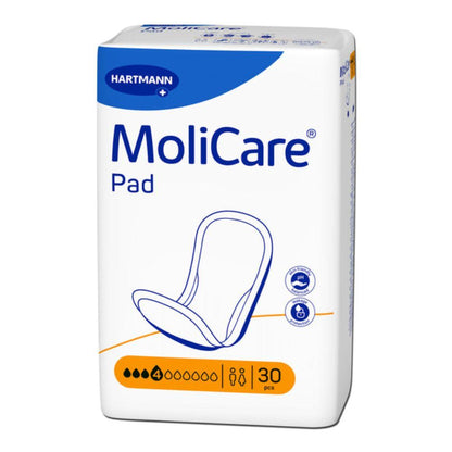 A pack of 30 Hartmann MoliCare® Pad inserts for incontinence by Paul Hartmann AG for bladder weakness. The white packaging with blue/yellow accents displays the product name, absorbency level, and function symbols on the front.
