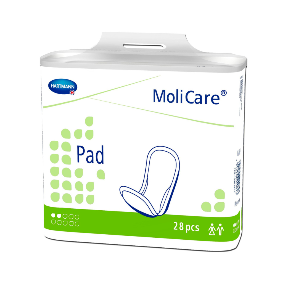 A pack of Hartmann MoliCare inserts for incontinence containing 28 pieces. The packaging is mainly white with green accents and features a simplified illustration of an insert on the front. The product is marked for use by both men and women.