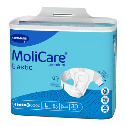 The Hartmann MoliCare® Premium Elastic adult diapers by Paul Hartmann AG, suitable for urinary and fecal incontinence, come in blue packaging with white accents and impress with details such as size Large (115-145 cm), 30 pieces per package and an ergonomic design.