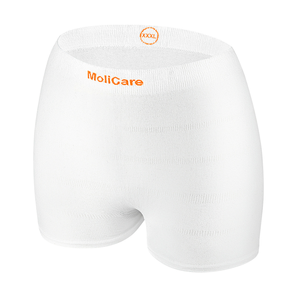 A pair of white Hartmann MoliCare® Fixpants mesh pants by Paul Hartmann AG, high-waisted with 'MoliCare' and 'XXXL' in orange on the waistband, ideal for securing incontinence pads, depicted against a plain white background.