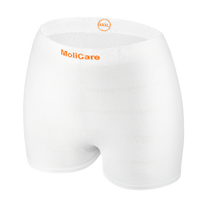 A pair of white Hartmann MoliCare® Fixpants mesh pants by Paul Hartmann AG, high-waisted with 'MoliCare' and 'XXXL' in orange on the waistband, ideal for securing incontinence pads, depicted against a plain white background.