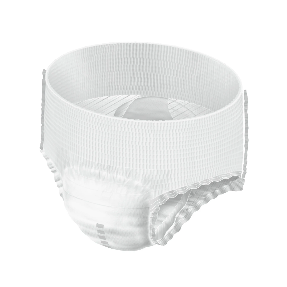 An adult diaper in white, designed as Hartmann MoliCare® Premium Mobile incontinence pants by Paul Hartmann AG with absorbent material and elastic waistband, isolated on a white background.