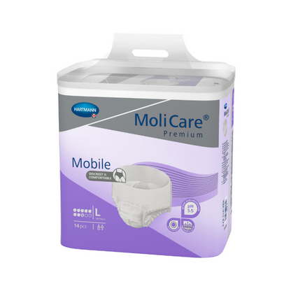 A pack of Hartmann MoliCare® Premium Mobile incontinence pants by Paul Hartmann AG with 14 pieces in purple-white design, prominently displaying the product name and size information.