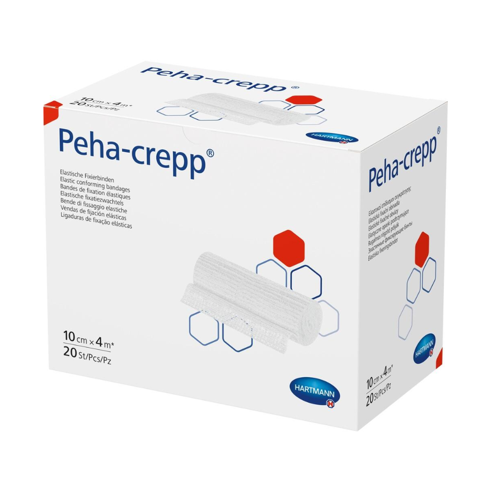 A box of Hartmann Peha-crepp® super-elastic fixation bandage from Paul Hartmann AG, suitable for sensitive skin and with red and blue design elements. Contains 10 bandages of 20 cm x.