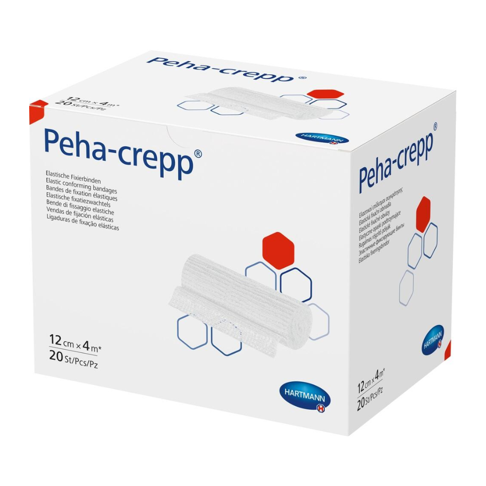 A box of Hartmann Peha-crepp® super-elastic fixation bandage - 20 pieces by Paul Hartmann AG with information on size and quantity. The box is white with blue and red text and diagrams.
