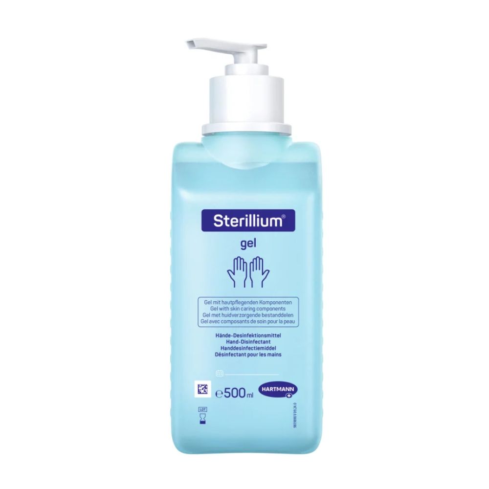 Pictured is a 500 ml pump bottle with Hartmann Sterillium® Gel hand disinfectant gel from Paul Hartmann AG. The light blue bottle with a white label bears text in German and French for "hygienic hand disinfection" and displays the brand name along with a pair of hands above the text.