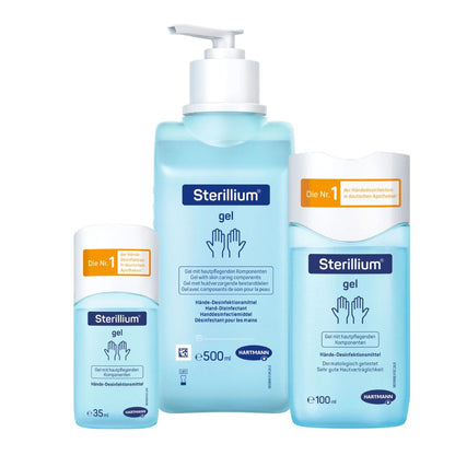 The Hartmann Sterillium® Gel hand disinfectant gel from Paul Hartmann AG is available in three bottle sizes – 35 ml, 500 ml, and 100 ml – all with a blue label with white text and a hand symbol. It is ideal for hygienic hand disinfection and is popular in German pharmacies.
