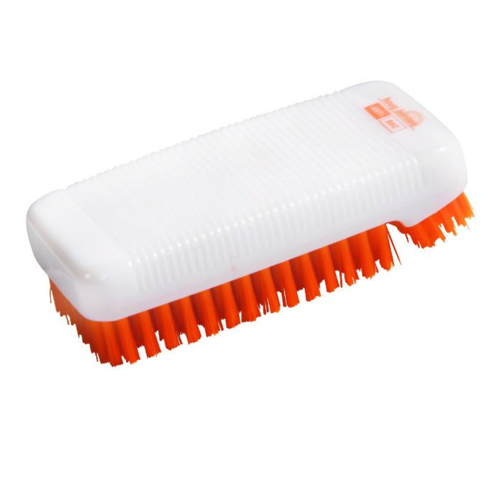 The Haug ANTI BAC Nail Brush Orange from Haug Bürsten KG features a rectangular design with a white handle and orange bristles, ideal for professional hand cleaning. Its antibacterial properties ensure the highest hygiene with every use.