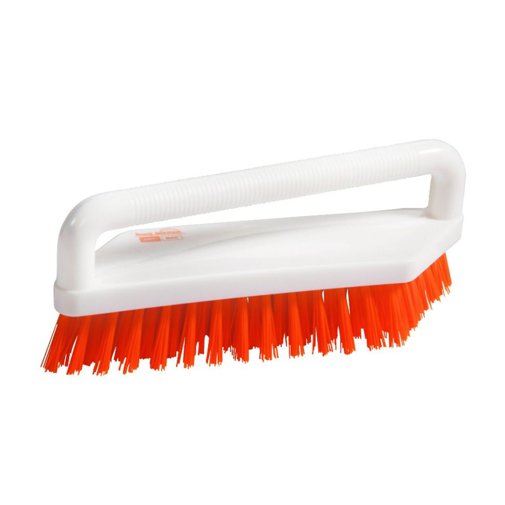 We present the Haug ANTI BAC scrubbing brush antibacterial Orange from Haug Bürsten KG: a cleaning brush with a white plastic handle and densely packed, angled red bristles. The rectangular handle is attached to the top of the brush head, ensuring effective antibacterial cleaning and facilitating hygienic cleaning against a simple white background.