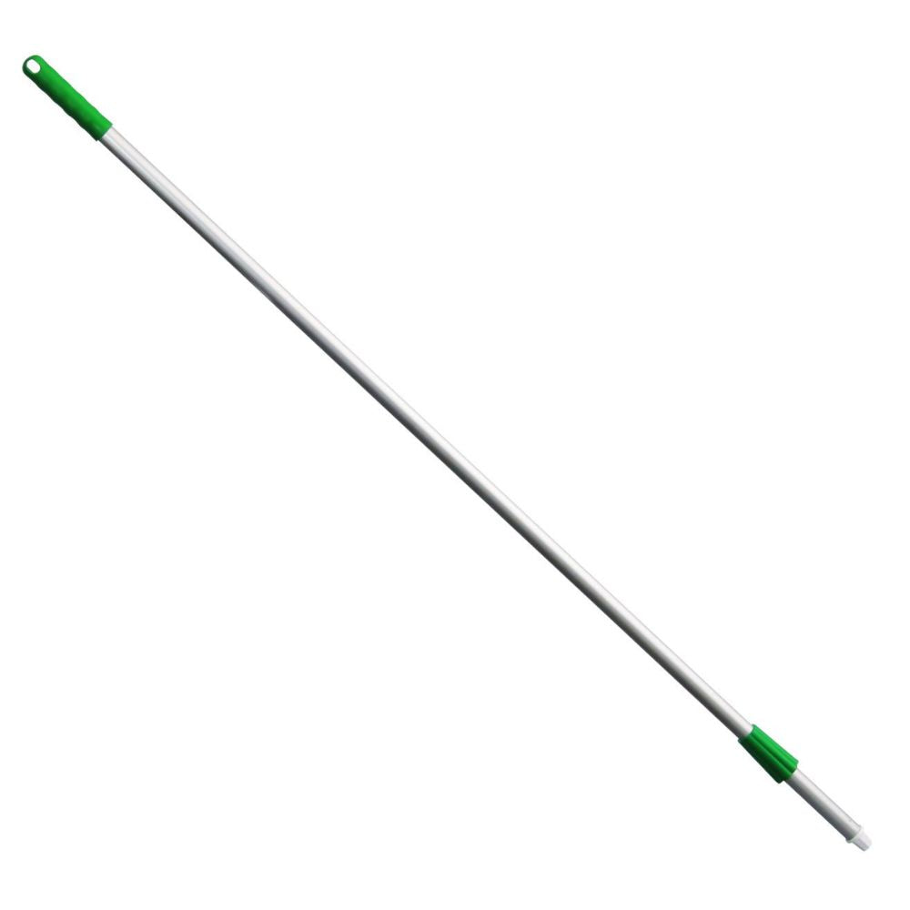 Image of a long, metallic Haug Alustiel handle (1450 mm ø 25MM) from Haug Bürsten KG made of anodized aluminum tube with green plastic ends, meeting the requirements of the HACCP standard. Diagonally positioned against a plain white background.