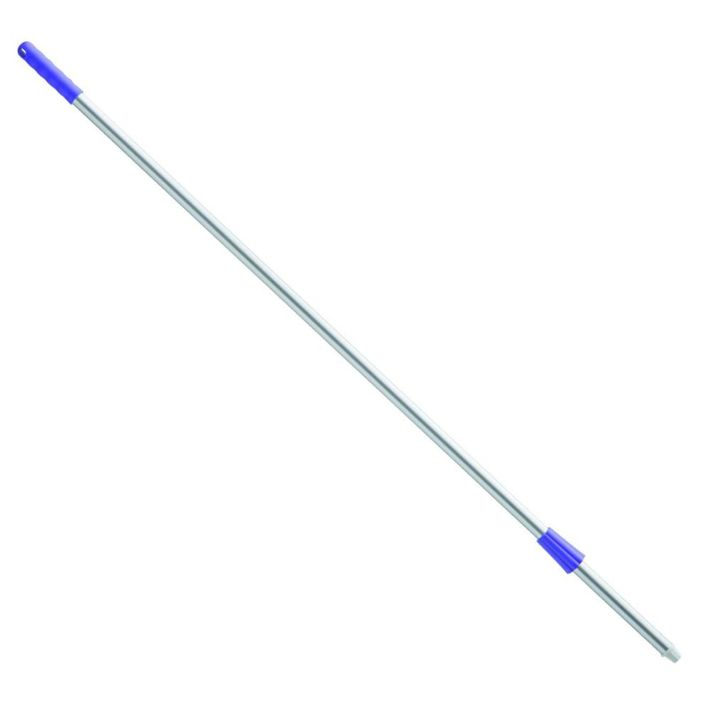 Against a white background, a long, metallic Haug Bürsten KG Alustiel 1450 mm ø 25 mm mop handle with a blue plastic grip is depicted.