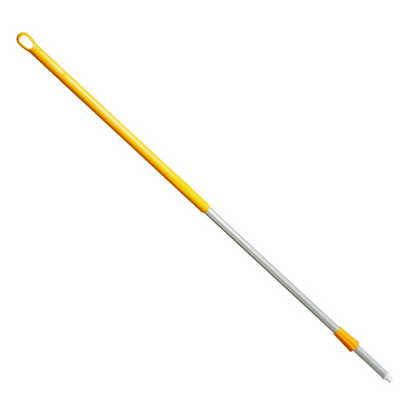 A broom with a long handle, yellow grip, and gray metal handle from the Haug aluminum handle collection with plastic coating 1500 mm ø 32/25 mm of Haug Bürsten KG stands diagonally against a white background. It features an aluminum handle and a loop at the end of the handle for easy hanging.