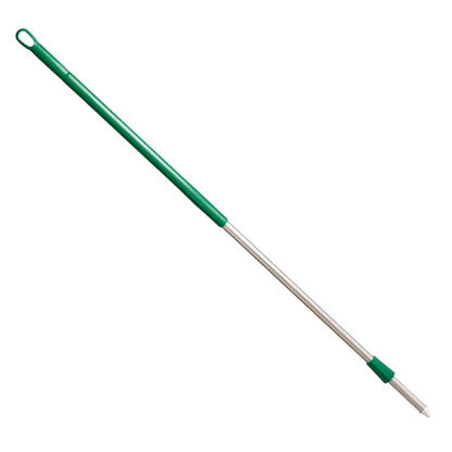 The aluminum handle from Haug Bürsten KG, available in various colors, with a length of 1500 mm and a diameter of 32/25 mm, is a green-silver telescopic rod with a hook at the end. It is designed according to HACCP hygiene standards and is often used for cleaning or attaching various tools. The durable Haug plug-in system ensures a secure connection.