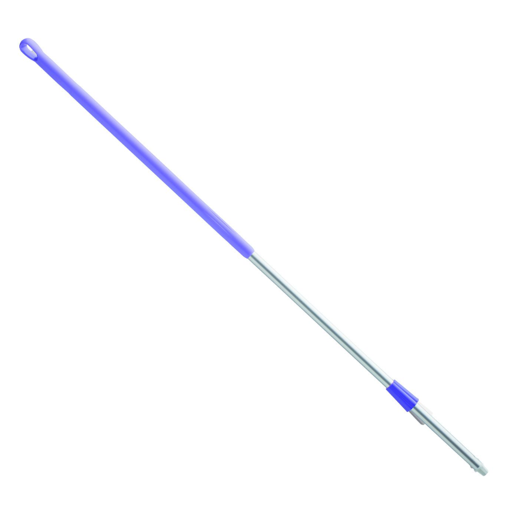 Pictured is a mop with a robust Haug aluminum handle in a purple grip shell. The mop head is not visible, but its extendable construction complies with HACCP hygiene standards for optimal cleanliness. The handle has a length of 1500 mm with diameters of ø 32/25 mm from Haug Bürsten KG and is available in various colors.