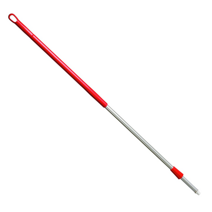The Haug Bürsten KG aluminum handle with plastic coating, available in 1500 mm and ø 32/25 mm, is in red and silver and has a practical loop at the top for hanging. It features a smooth metal surface at the bottom and a comfortable red grip, making it ideal for compliance with HACCP hygiene standards with its innovative plug-in system.