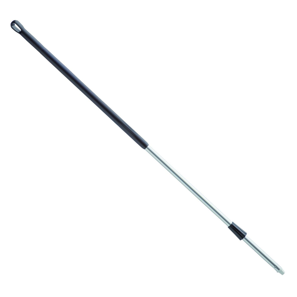 The metal broom handle Haug aluminum handle from Haug Bürsten KG, available in various colors, features a black grip for added comfort and has a practical hole at the top for easy hanging. Its simple silver design not only ensures comfortable handling but also meets HACCP hygiene standards.
