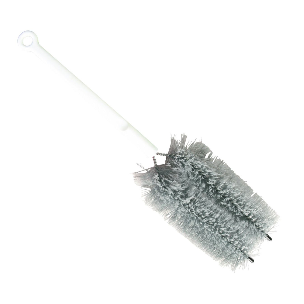 The Haug Bürsten radiator brush from Haug Bürsten KG with a white handle and dense gray cylindrical bristles is ideal for cleaning bottles, narrow containers, or ribbed radiators and ensures effective dust binding.
