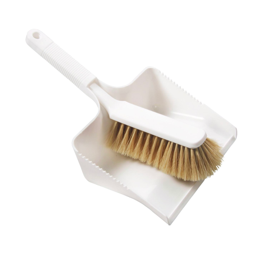 The Haug Bürsten KG dustpan set, square - 10 pieces | Package (1 piece) includes a white dustpan and a broom with synthetic bristles, perfect for sweeping fine materials. The broom fits comfortably into the dustpan, which features a ribbed handle for a secure grip, ensuring both efficiency and cleanliness according to HACCP standards.