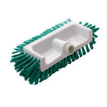 The Haug Bürsten KG corner scrubber features a rectangular white plastic body with green PBT bristles measuring 320x125x110 mm. It has a threaded socket for handle attachment, ensuring optimal cleaning results.