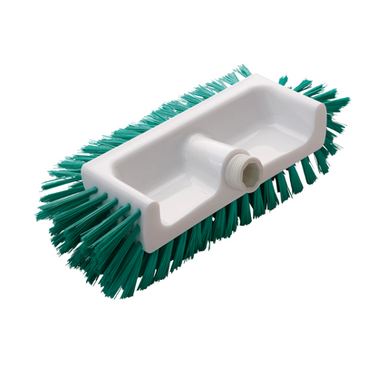 The Haug Bürsten KG corner scrubber features a rectangular white plastic body with green PBT bristles measuring 320x125x110 mm. It has a threaded socket for handle attachment, ensuring optimal cleaning results.