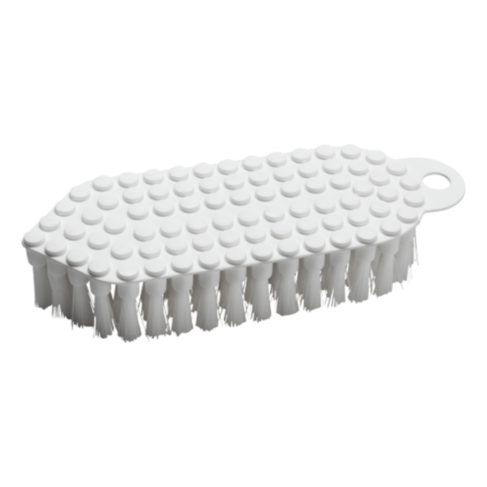 The Haug Flexo brush, a white cleaning brush from Haug Bürsten KG, is ideal for professional kitchens. This flexible scrubbing brush features stiff bristles and a flat, textured top. Its oval shape and integrated handle with a hanging hole ensure that it meets the requirements of the HACCP hygiene standard.