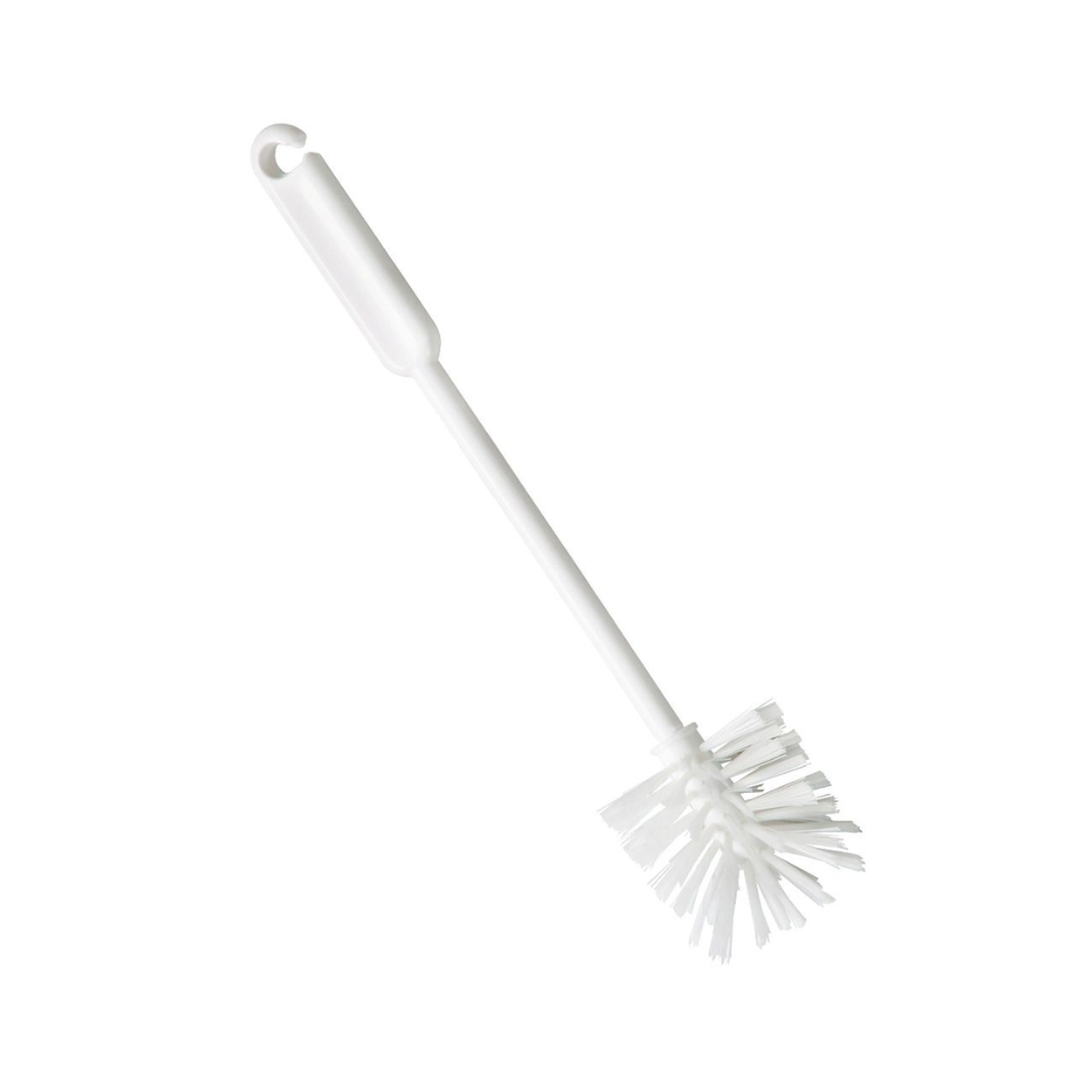 The Haug glass and bottle brush 32 cm from Haug Bürsten KG is a hygienic cleaning brush made of white plastic with a long handle and bristles, which are perfect for cleaning. The design features a practical hook on the handle for easy hanging, making it ideal for glasses and bottles.