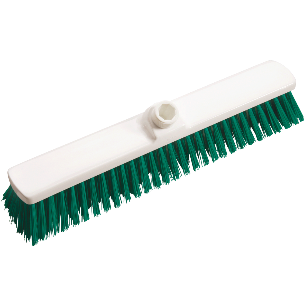 The Haug large-area brush PBT 400x60x120 mm from Haug Bürsten KG is ideal for professional cleaning, with a white plastic base, handle attachment, and green bristles for efficient sweeping.