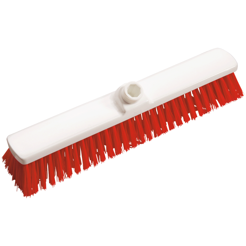 The Haug large-area brush PBT 400x60x120 mm from Haug Bürsten KG is a professional cleaning brush with stiff red bristles and a white plastic head, ideal for scrubbing surfaces in the food industry, equipped with a socket for handle attachment.