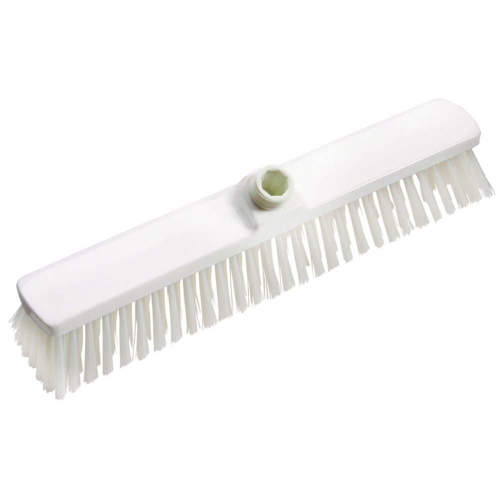 The Haug large-area brush PBT 400x60x120 mm from Haug Bürsten KG features a white brush head with stiff bristles and a central mounting point, ideal for professional cleaning tasks in the food industry. Perfect for efficient scrubbing of surfaces.