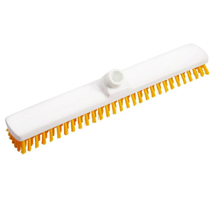 The Haug large area sweeper PBT Hard from Haug Bürsten KG is a white, flat rectangular cleaning brush with stiff yellow PBT Hard bristles and a top socket for handle attachment, designed for professional cleaning. The side view shows the bristle arrangement.
