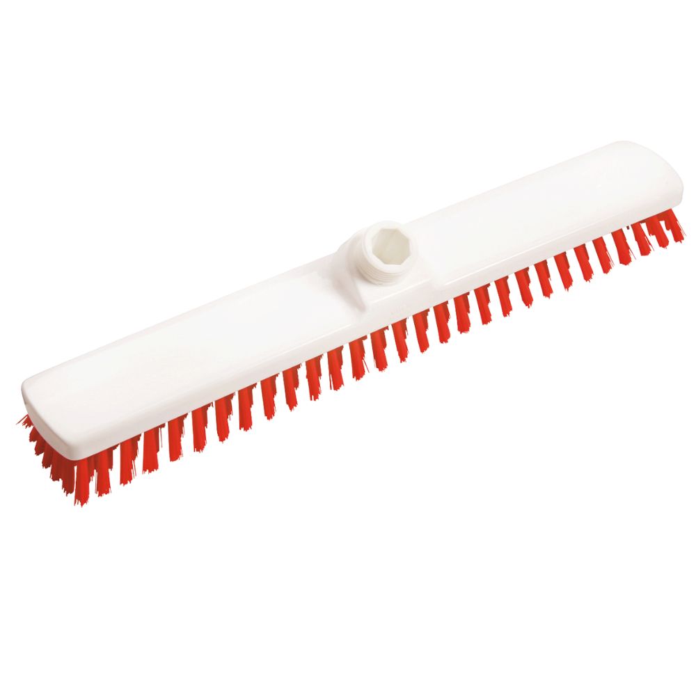 Image of the Haug Bürsten KG large area sweeper PBT Hard 400x60x26 mm with a white plastic handle and durable red bristles, ideal for professional cleaning. It features a mounting point for attaching a handle at the top, ensuring thorough results.