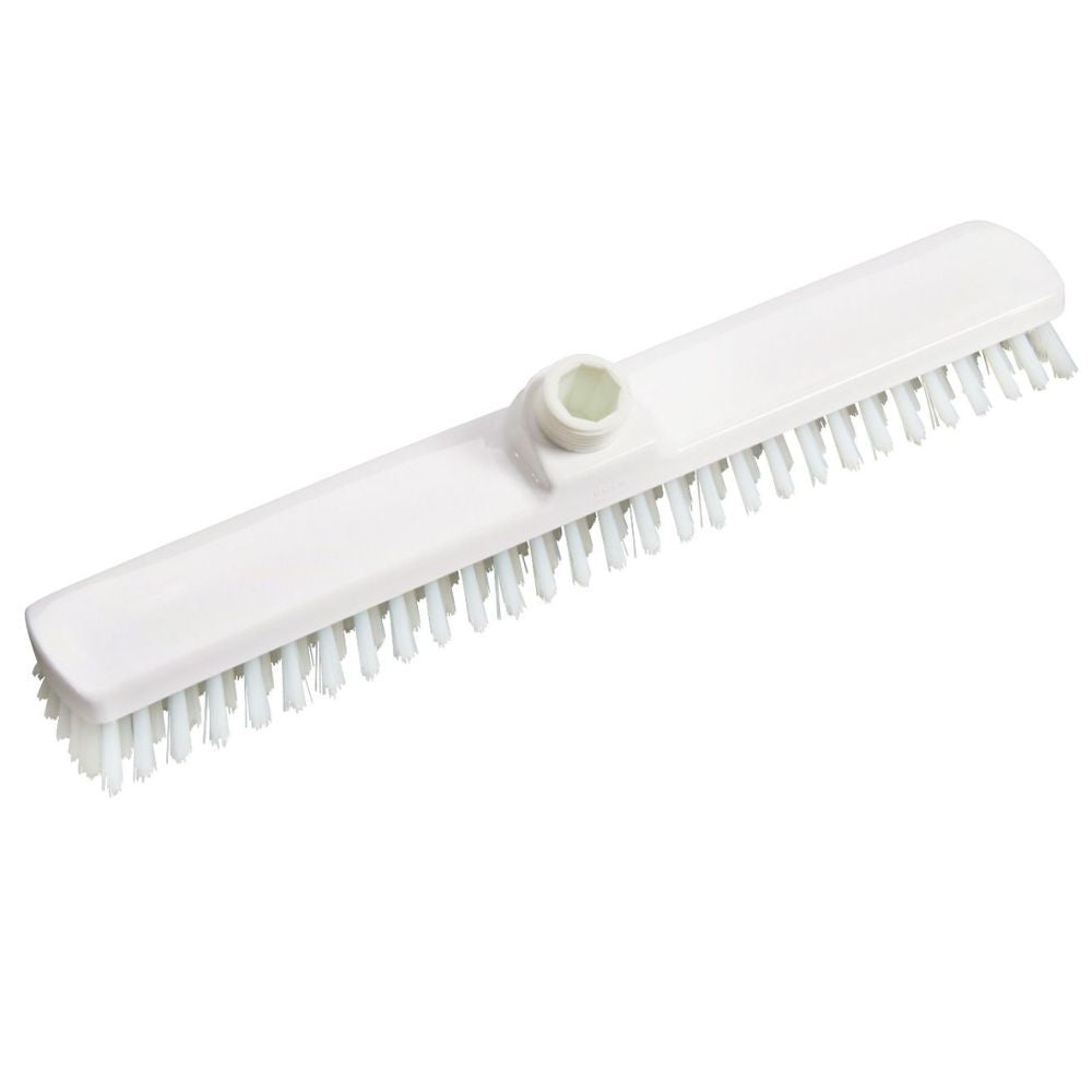 The Haug large area sweeper PBT Hard 400x60x26 mm from Haug Bürsten KG is a white, rectangular broom head with stiff, row-arranged PBT bristles and a central socket for handle attachment, ideal for professional cleaning and effective scrubbing of surfaces.