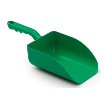 We present the Haug Large Hand Scoop PP from Haug Bürsten KG, a heat-resistant scoop made of green plastic with a short handle, perfect for transferring dry materials. This food-safe hand scoop features high side walls and a rounded end for effortless scooping and is HACCP certified to meet the highest safety standards. The dimensions are 328 x 136 x 79 mm.