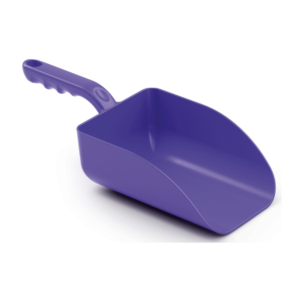 The Haug Large Hand Scoop PP 328x136x79 mm from Haug Bürsten KG is a purple plastic scoop with a handle, designed for lifting and transferring bulk materials. This food-compliant hand scoop features a smooth surface and a deep, rounded basin, meeting HACCP-certified standards for food safety.