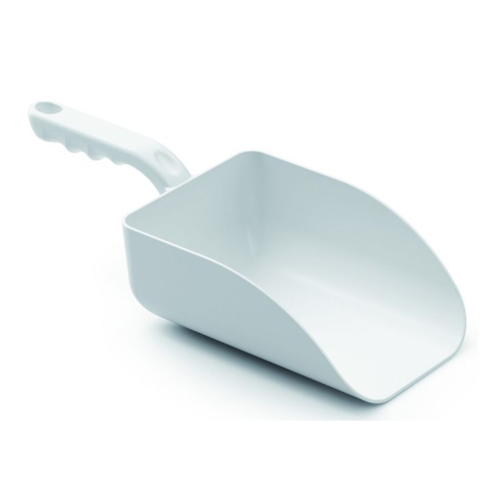 The Haug Large Hand Scoop PP 328x136x79 mm from Haug Bürsten KG is a rectangular white plastic scoop with an ergonomic handle and HACCP-certified safety. The scoop is angled so that both the handle and the interior of the bowl are visible, making it perfect for precise measuring in various culinary tasks.