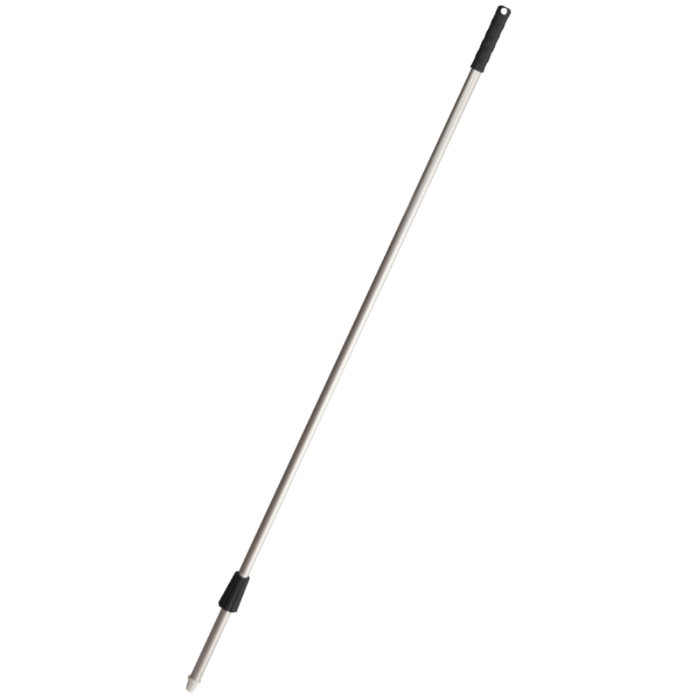 The aluminum handle broomstick “in-up” from Haug Bürsten KG with a length of 1400 mm and a diameter of 22 mm is equipped with a black cap and a locking nut that facilitates the attachment of a broom head. Its anodized aluminum handle finish ensures both durability and elegance for any cleaning task.