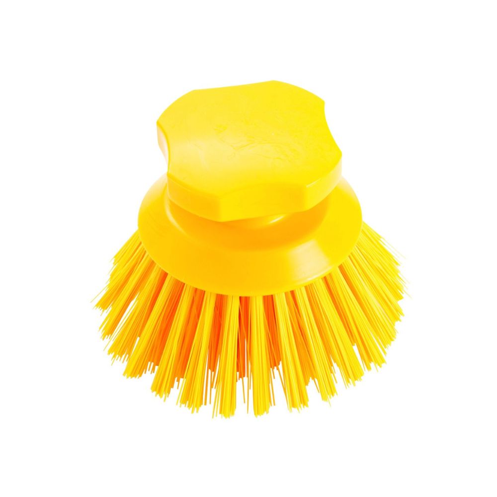 The Haug button brush 90 x Ø120 mm full color from Haug Bürsten KG is a yellow round brush with stiff bristles made of PBT trim. It is attached to drills via a hexagonal tip and ensures uniform cleaning with hygienically set-back bristles from the underside.