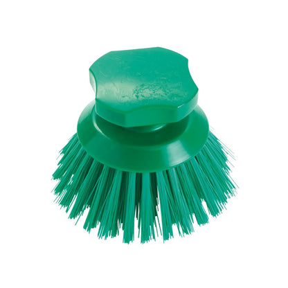 The Haug button brush 90 x Ø120 mm full color from Haug Bürsten KG is a green scrubbing brush with stiff bristles made of PBT trim and a rounded handle that ensures hygiene.