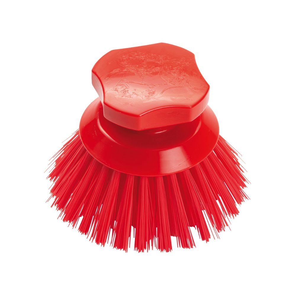 The Haug button brush 90 x Ø120 mm full color from Haug Bürsten KG is a red scrubbing brush with a round base, stiff bristles, and a hexagonal handle on top. It is ideal for professional use and HACCP-compliant, ensuring high standards of cleanliness and safety.