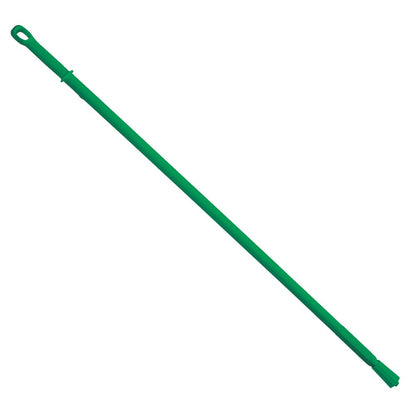 A green plastic handle from Haug Bürsten KG with a length of 1500 mm and 32 mm ø impresses with its ergonomic design and a loop attachment at one end, presented on a white background.