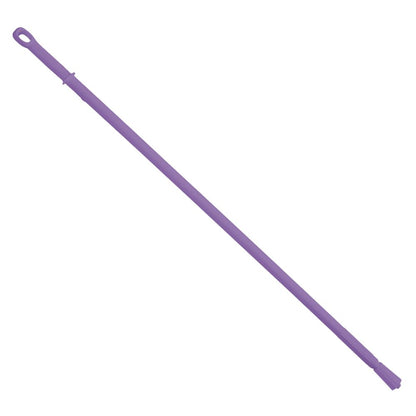 The plastic handle from Haug Bürsten KG is a purple, ergonomic 1500 mm broom handle with a threaded end and hanging hole, made from heat-resistant material for long durability.