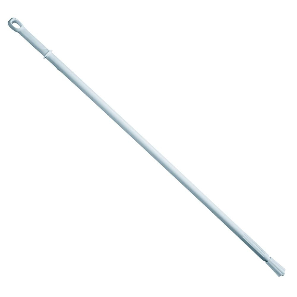 The image shows the Haug plastic handle ergonomic 1500 mm ø 32 mm from Haug Bürsten KG, a white telescopic rod with an ergonomic oval handle and threaded tip. It is perfect for cleaning or painting and is made of durable materials for high heat resistance.